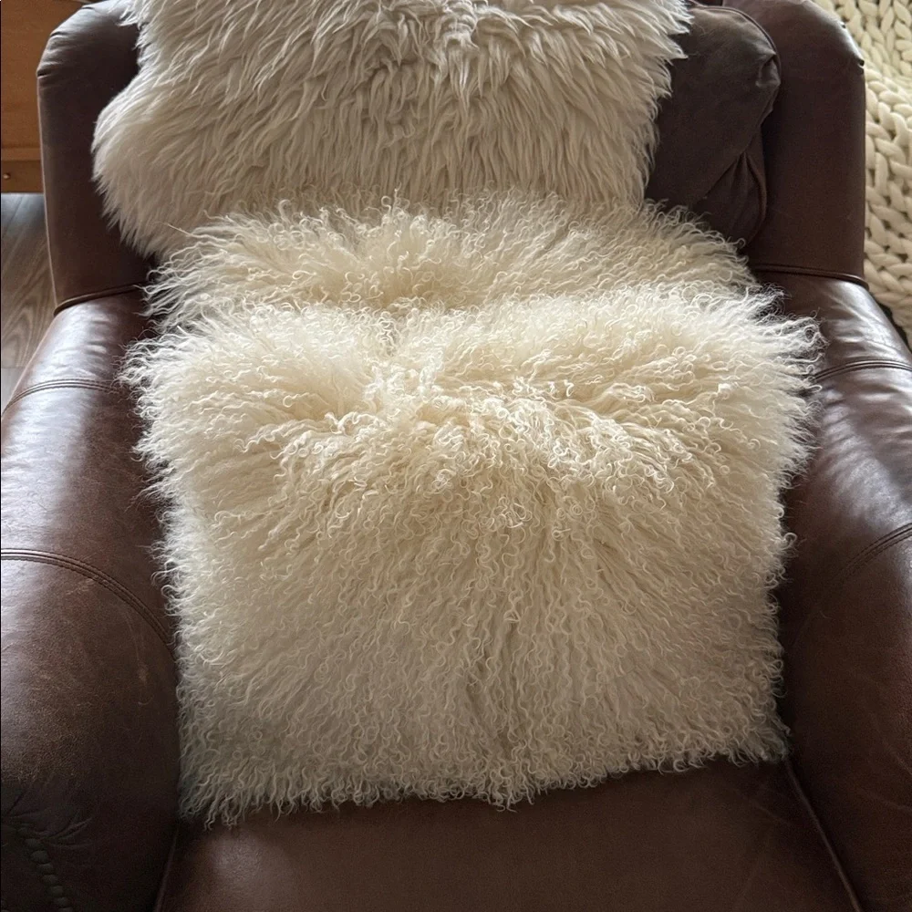 2 Mongolian lamb (Tibetan lamb) fur pillows with down filled inserts